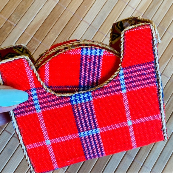 Vintage Handmade Plaid & Caning 5 pc + Holder Coasters Set - Picture 1 of 8